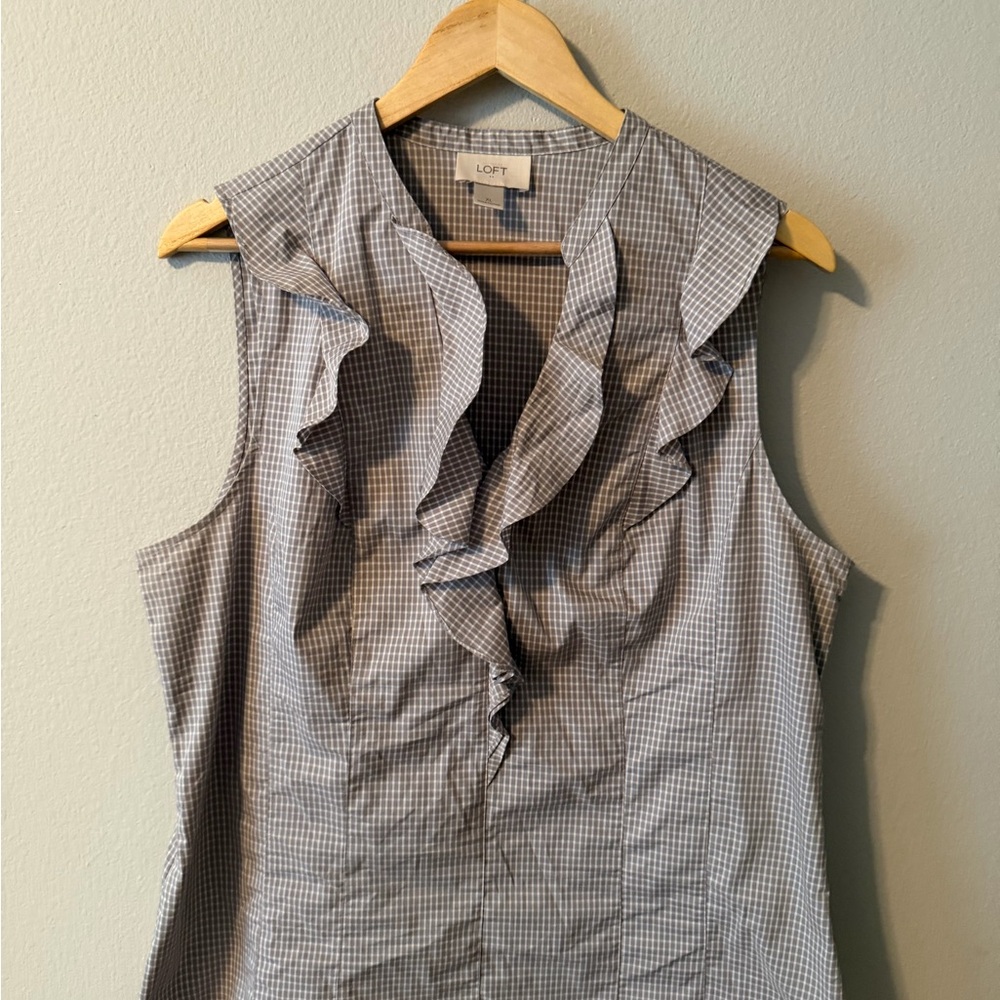 LOFT Checkered Sleeveless Ruffle Blouse